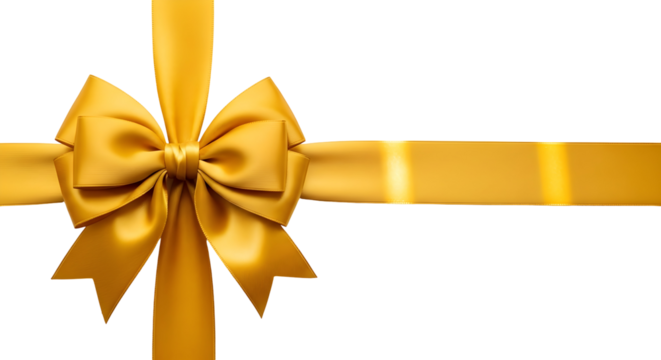 Golden silk ribbon bow tied in a cross shape on a white background, symbolizing celebration