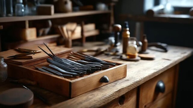 Wooden desk with retro design tools no faces visible vintage workspace classic desk retro aesthetic traditional tools timeless design wooden surface nostalgic setup desk