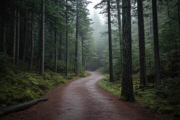 Fototapeta premium Path winding through a dense forest on a foggy morning. Nature landscape with towering evergreen trees and lush moss. Serene outdoor scene for travel.