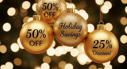 Golden Christmas ornament with text "Holiday Savings", "50% off", "25% discount", festive lights background, representing special offer, promotion, sale