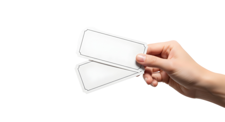 Hand holding two blank white tickets or coupons with space for text on a white background