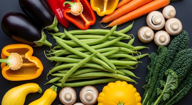 Topdown view of a variety of fresh vegetables including green beans artfully arranged on a dark background