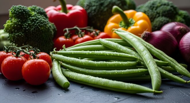 Closeup of fresh vegetables including broccoli, tomatoes, and beans on a dark surface