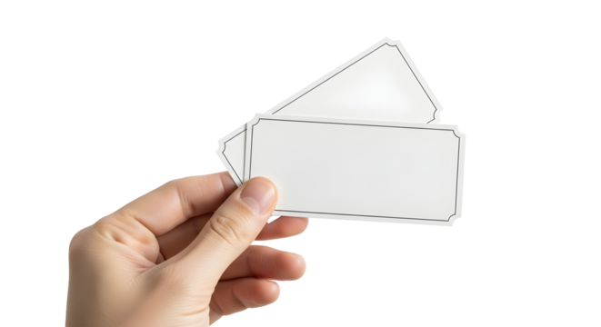 Hand holding blank white tickets or cards with copy space isolated on white background