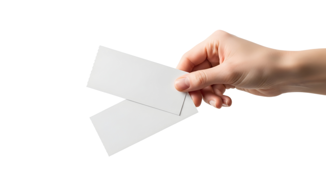 Hand holding two blank white paper tickets or cards against a clean white background