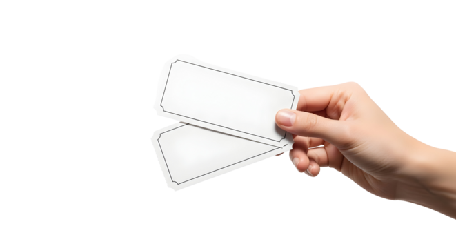 Hand holding two blank white tickets or coupons with space for text on a white background