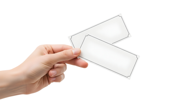 Hand holding two blank tickets or passes against a white background, perfect for event invitations or entry