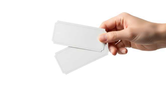 Hand holding two blank white tickets or passes isolated on a white background