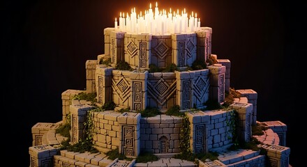 Ancient stone altar or temple structure with many lit candles on top against dark background