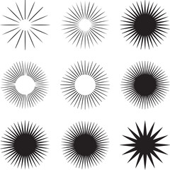 Set of sunburst shapes in different styles on a white background