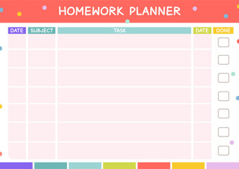 Homework Planner Template for Students. Planner layout designed for students. Columns for date, subject, task, due date, and checkboxes. School organization.