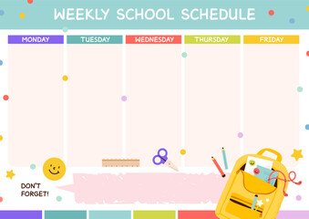 Weekly School Schedule Planner for Kids. School schedule template for children, featuring labeled days of the week, writing tasks, and cute school illustrations. Education concept.