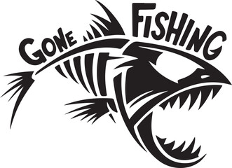 Print gone fishing skeleton fish with sharp teeth isolated on