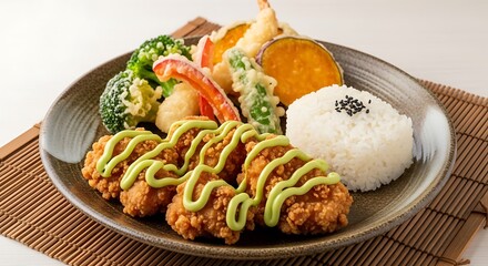 Delicious japanese karaage fried chicken with tempura vegetable assortment and steamed rice on a plate