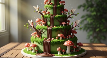 Magical tiered cake decorated like a mossy forest with red and white toadstools and chocolate drip