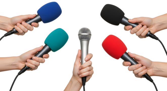 Multiple microphones held by hands in a news conference or interview setting