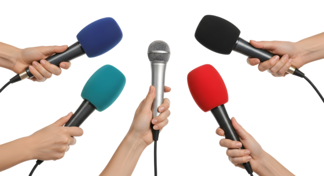 Group of microphones held by hands in front of a white background for interviews and press conferences