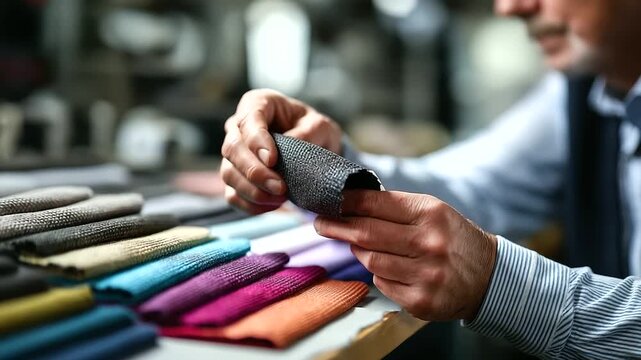 Hands examining fabric texture samples face not shown material selection textile samples fabric swatches texture examination design materials sample testing tactile