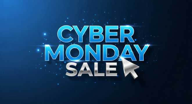 Blue "Cyber Monday" and silver "Sale" text with a cursor on a dark blue background, representing an online shopping promotional event