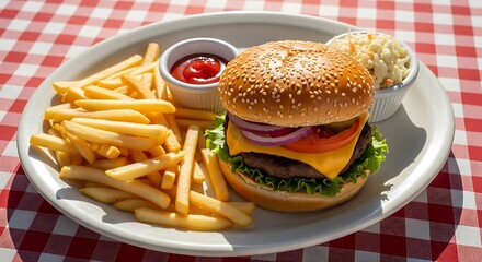 Classic cheeseburger with sesame seed bun, french fries, ketchup, and coleslaw on checkered tablecloth