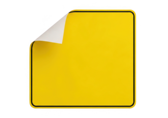 Blank yellow square sign with peeling corner isolated on transparent background
