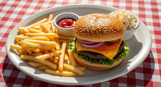 Classic cheeseburger with sesame seed bun, french fries, ketchup, and coleslaw on checkered tablecloth