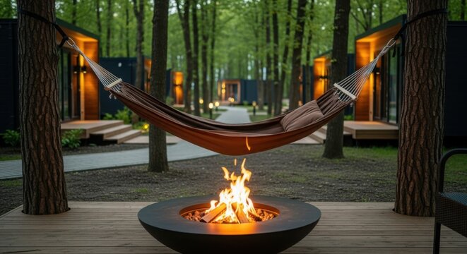 Relaxing hammock over outdoor fireplace serene evening retreat - Powered by Adobe