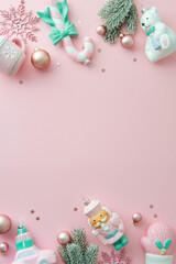 Vertical pastel pink Christmas flat lay with cute cartoon ornaments