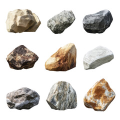 Collection of diverse rocks displayed in a grid, showcasing different colors and textures in natural forms.