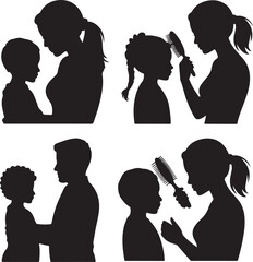 Silhouette Illustrations of Parent Child Bonding Moments Hair Styling and Care