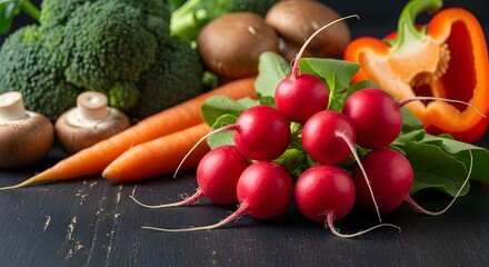 Closeup of fresh radishes with carrots, broccoli, mushrooms, and bell pepper