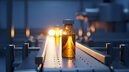 Close up view of the pharmaceutical industry producing amber glass vaccine vials
