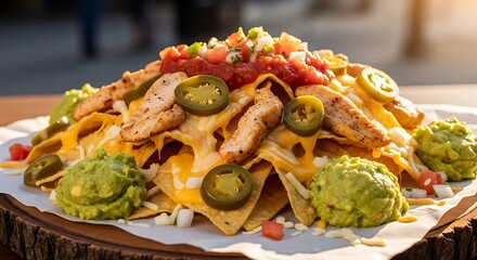 Delicious plate of loaded chicken nachos topped with melted cheese, jalapeno, and guacamole served outdoors
