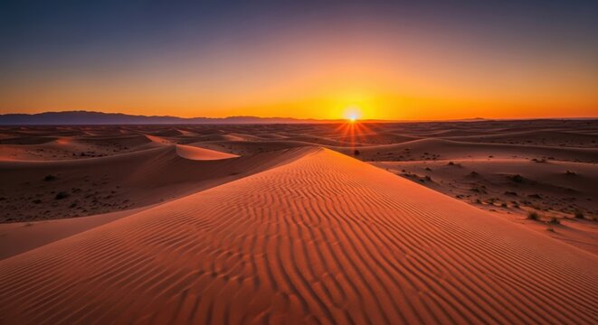 Dramatic desert sunset over sand dunes with golden sky
