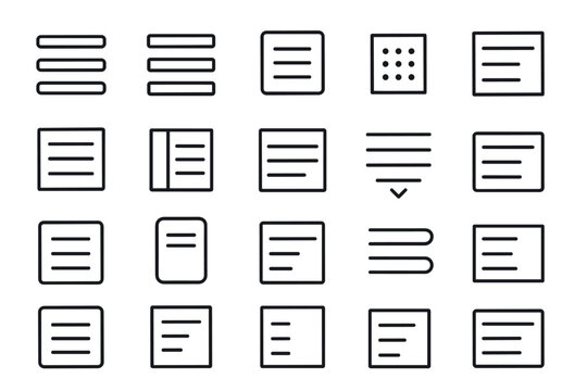 Set of diverse text alignment icons: lines, lists, and indents displayed in minimalist style