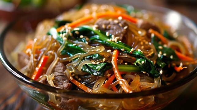 Close up of japchae in a glass bowl with spinach carrots sesame seeds and meat on a wooden surface
