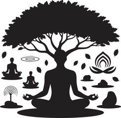 Silhouette of a meditating person with tree branches and leaves background