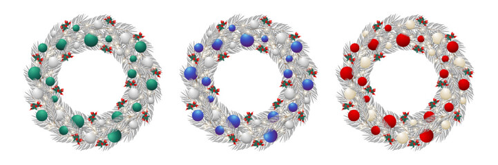 Set of Christmas white pine wreath with decorations and mistletoe. Vector illustration