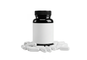 Small dark glass bottle with blank white label on white packing peanuts isolated on transparent background