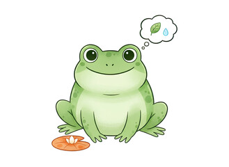 Obraz premium Cute green frog sitting on a lily pad thinking about a leaf and water drop with a transparent background illustration