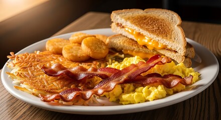 Classic american breakfast plate with scrambled egg, bacon, hash brown, and grilled cheese sandwich