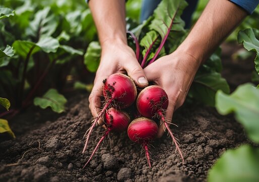 Hands picking fresh organic beetroots from the soil in a garden