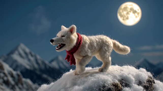 Dog howling at the moon on snow covered mountain