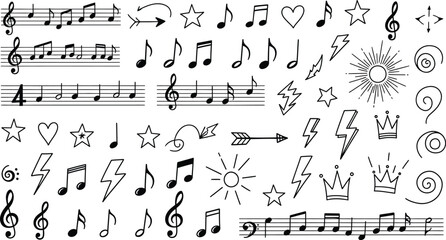 Set of musical notes, symbols doodle, hand drawn design elements including star, lightning bolt, heart, arrow, swirls, sun, crown, etc. Vector clip art