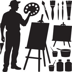 Silhouette of Artist with Palette and Easel Creative Process Concept
