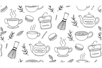 Line-art tea ceremony pattern for product packaging and cafe graphics