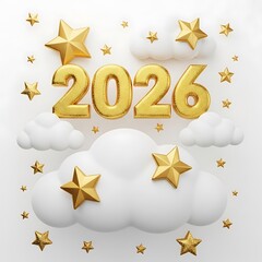Golden 2026 year number floating above white clouds with stars isolated on white background
