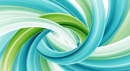 Abstract swirling vortex of vibrant turquoise and lime green glossy ribbons creating dynamic motion