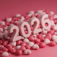 Three dimensional pink number 2026 resting on a pile of hearts