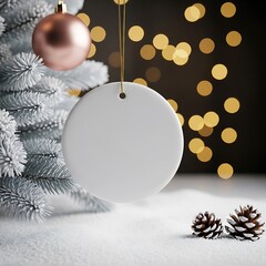 Blank white ceramic christmas ornament hanging near flocked tree